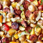 Try this easy Chicken Apple Sausage Sheet Pan Dinner! Packed with sweet potatoes, veggies, and flavorful sausage, it’s a healthy, one-pan meal perfect for busy nights