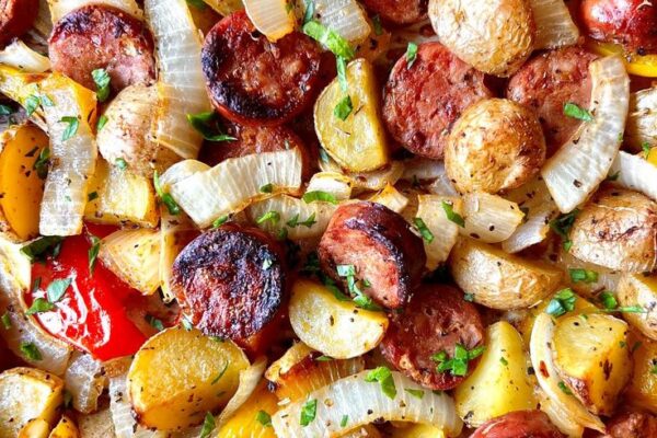 Try this easy Chicken Apple Sausage Sheet Pan Dinner! Packed with sweet potatoes, veggies, and flavorful sausage, it’s a healthy, one-pan meal perfect for busy nights