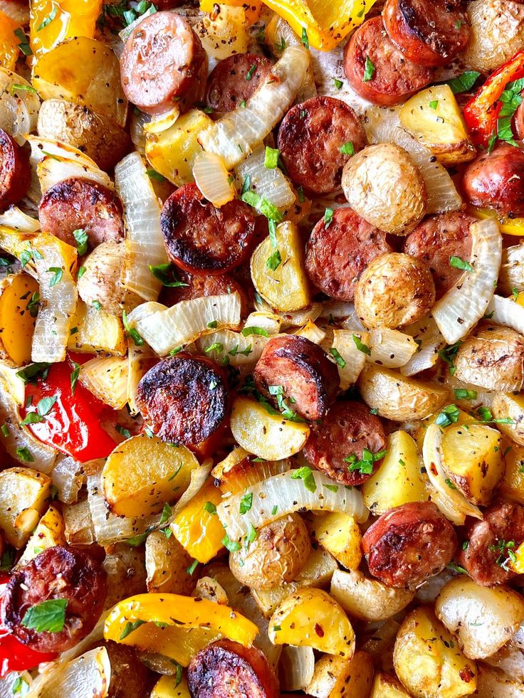 Try this easy Chicken Apple Sausage Sheet Pan Dinner! Packed with sweet potatoes, veggies, and flavorful sausage, it’s a healthy, one-pan meal perfect for busy nights