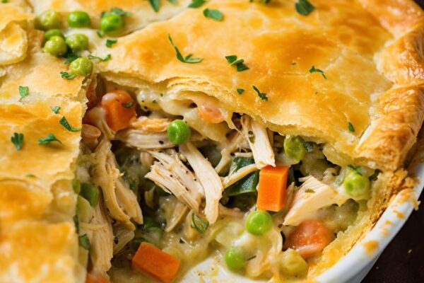 Indulge in this comforting Chicken Pot Pie, featuring tender chicken, fresh veggies, and a flaky crust—perfect for cozy family dinners or chilly nights