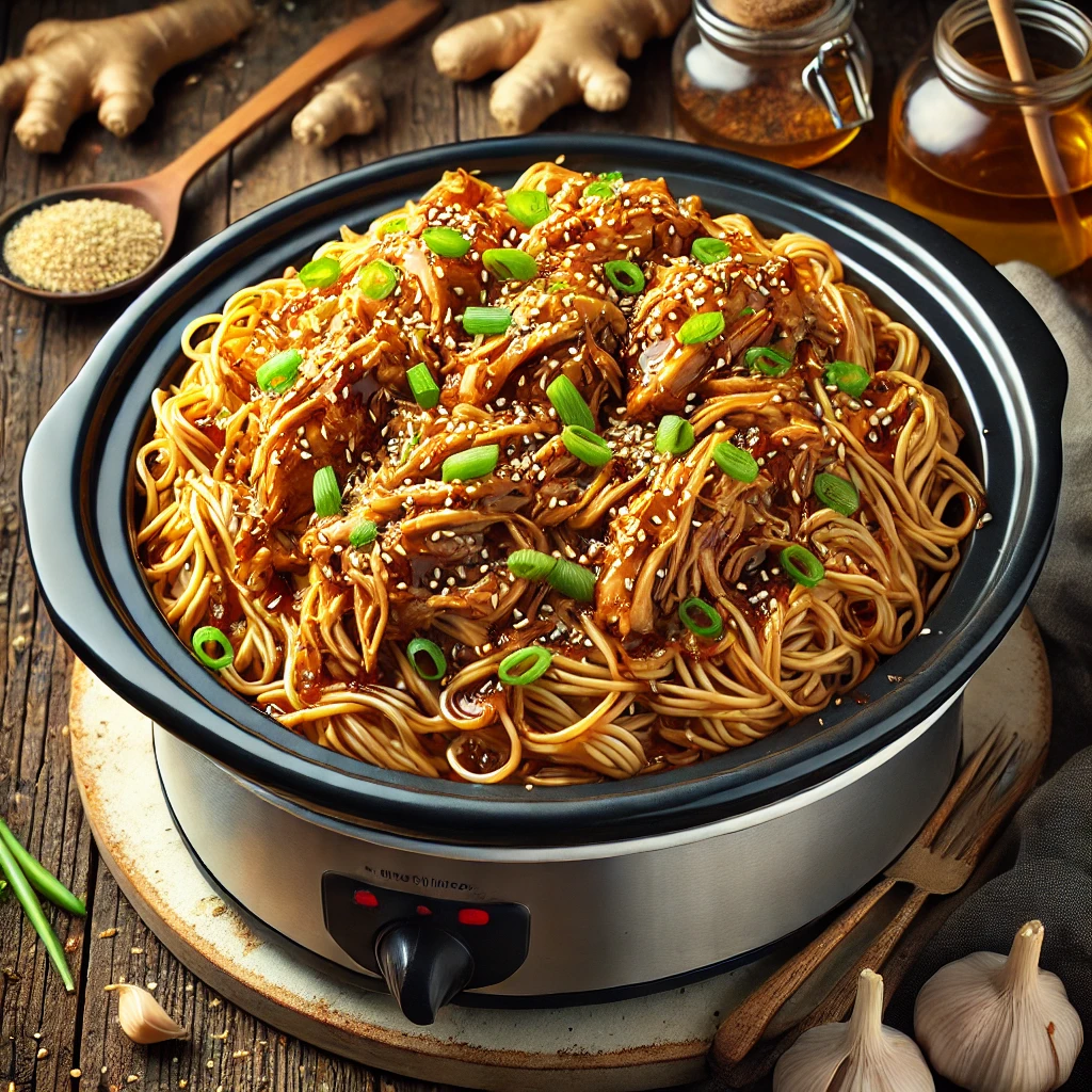 The key to the presentation in the photo is a comforting, rustic appeal. The dish is plated with glossy, shredded honey garlic chicken mixed with noodles, topped with vibrant green onions and sesame seeds. The slow cooker in the background, along with fresh ingredients like garlic and ginger, enhances the homemade and cozy atmosphere. Soft lighting adds warmth, making the food look inviting and hearty, ideal for showcasing a satisfying, slow-cooked meal.