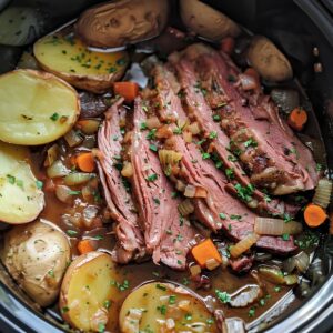 Discover the ease of savory Slow-Cooker Corned Beef and Cabbage. Tender brisket and vibrant veggies create a comforting dish perfect for any occasion